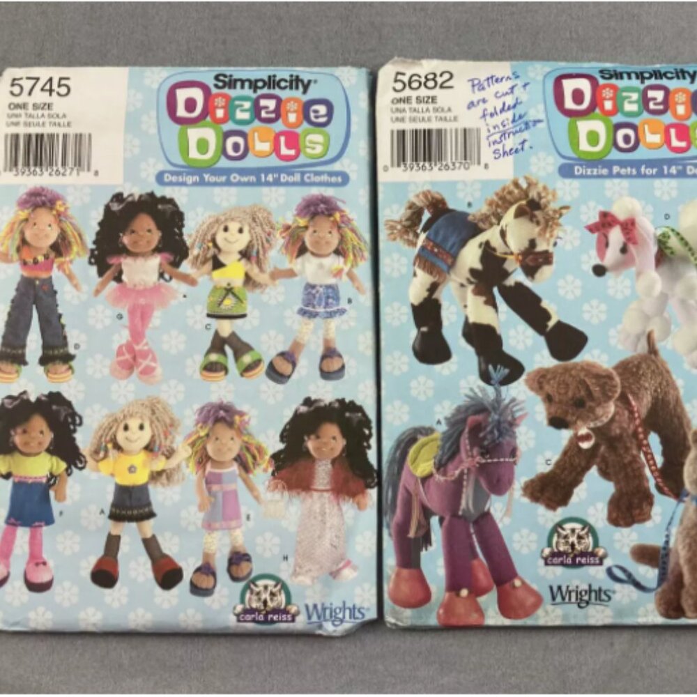 2 Sewing Patterns 14" Dizzie Doll Pets & Clothes Y2K Simplicity 5745+5682 Reiss